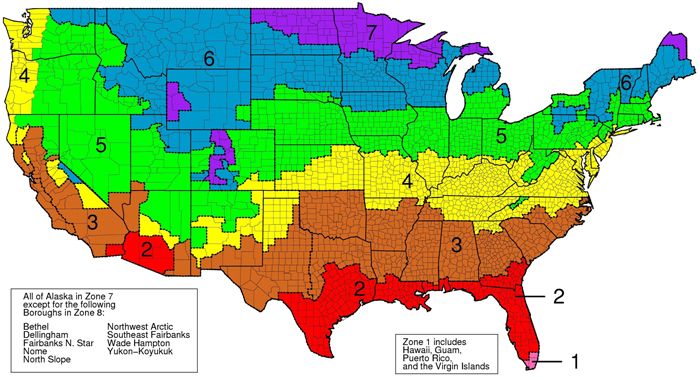 Map of United States climate zones.