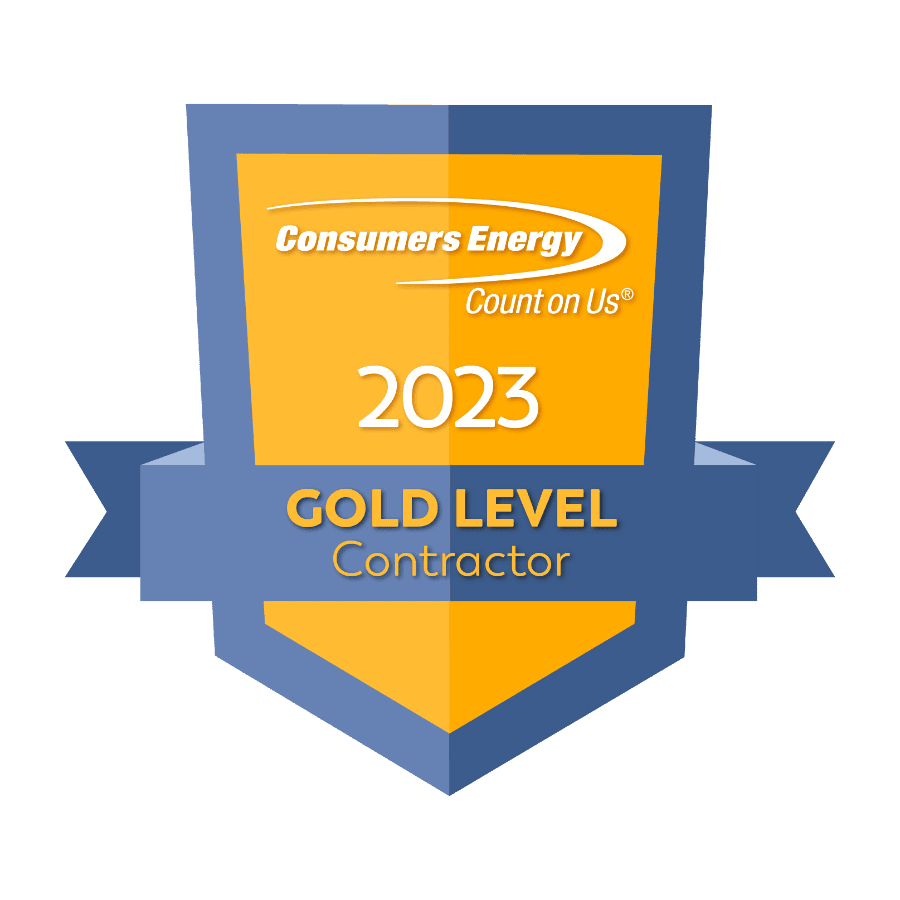 Consumers Energy 2023 Gold Level Contractor award logo issued to Better World Builders in Kalamazoo, Michigan.