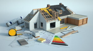 3D rendering of a miniature house undergoing renovations, with an energy chart, blueprints and other documents.