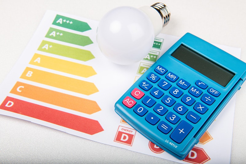 How a Home Energy Audit Can Save You Money. Blue calculator and a lightbulb sitting on a colorful grading scale.