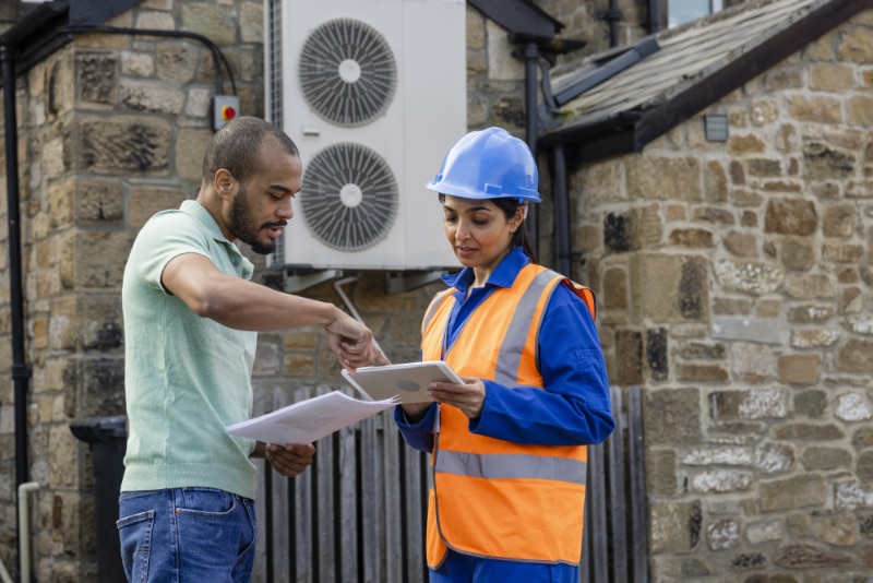 An air source heat pump on the side of a home being installed in the North East of England. The house is aiming to be sustainable. There is a construction worker with a hard hat and reflective jacket holding a digital tablet, talking to the home owner who is showing her documents.