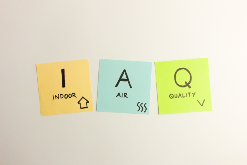 IAQ indoor air quality acronym handwritten on sticky notes isolated on white background.