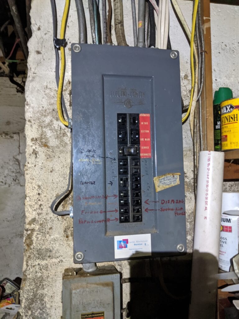 Image of old indoor electrical panel.